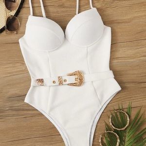 NEW WHITE WITH GOLD BELT ONE PIECE SWIMSUIT MED